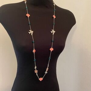 August Nautical Long Station Necklace‎ Silver Tone Coral Shell Fish Teal Crystal
